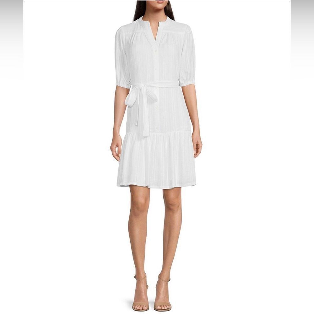 Maggy London V-Neck 3/4 Sleeve Button Front Tie Waist Cotton Gauze Stripe Dress